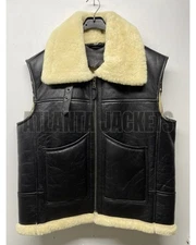 Mens B3 Bomber Aviator Style Real Fur Flight RAF Handmade WW2 Black Leather Vest