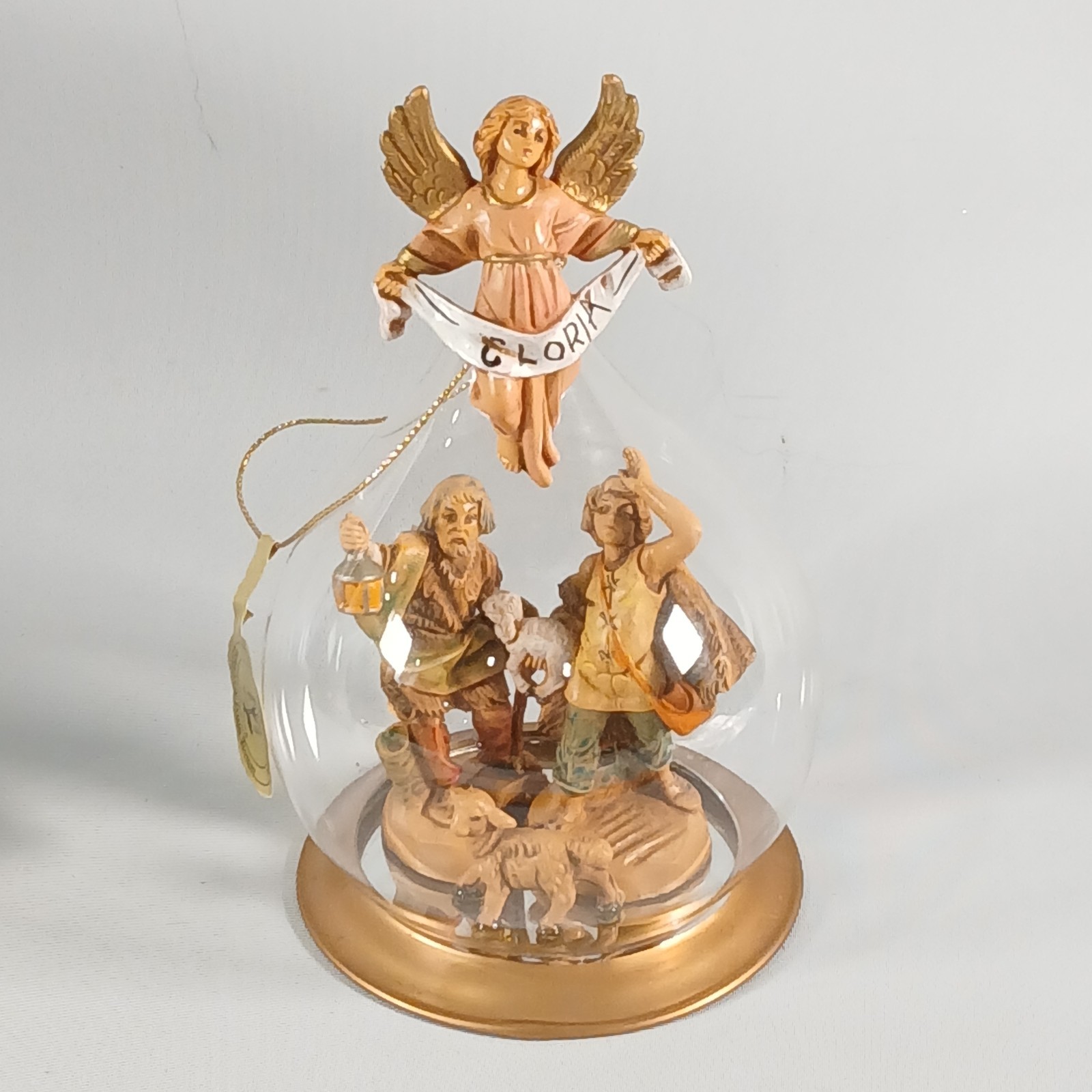 Vintage Fontanini Blown Glass Diorama Christmas Ornament Angel & Shepherd Italy