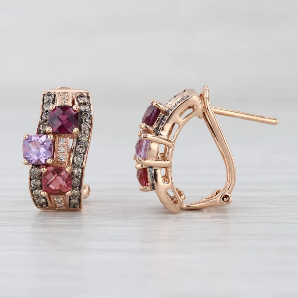 Серьги-капли из розового золота 14 карат с бриллиантами гранатом турмалином аметистом Le Vian 1,96 карата - Изображение 3 из 4