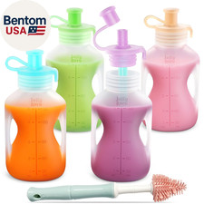 Silicone Reusable Baby Food Pouches with Straws, 2 Pack Leakproof Refillable Squ