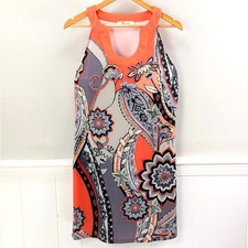 Aryeh Sleeveless Dress Boho Paisley Floral Orange Gray Art Teacher 70s Retro Med