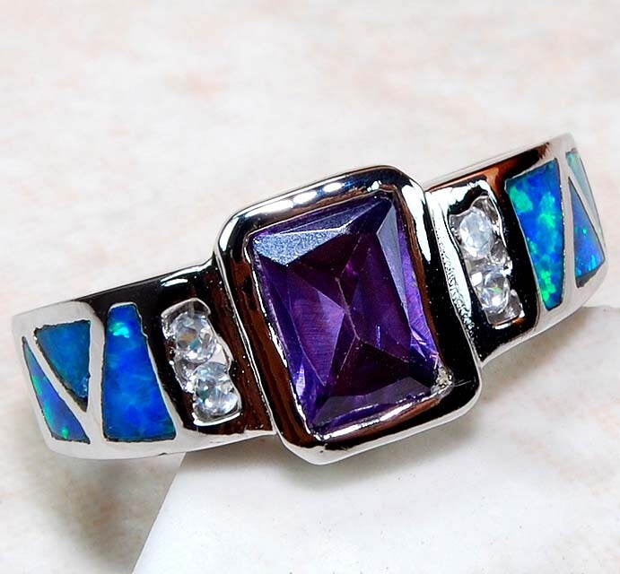 1CT Amethyst and Australian Opal Inlay Sterling Silver Ring Size 6 BA3