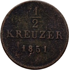 Württemberg 1/2 Kreuzer 1851 Copper 1.8g Original Coin #HXL147