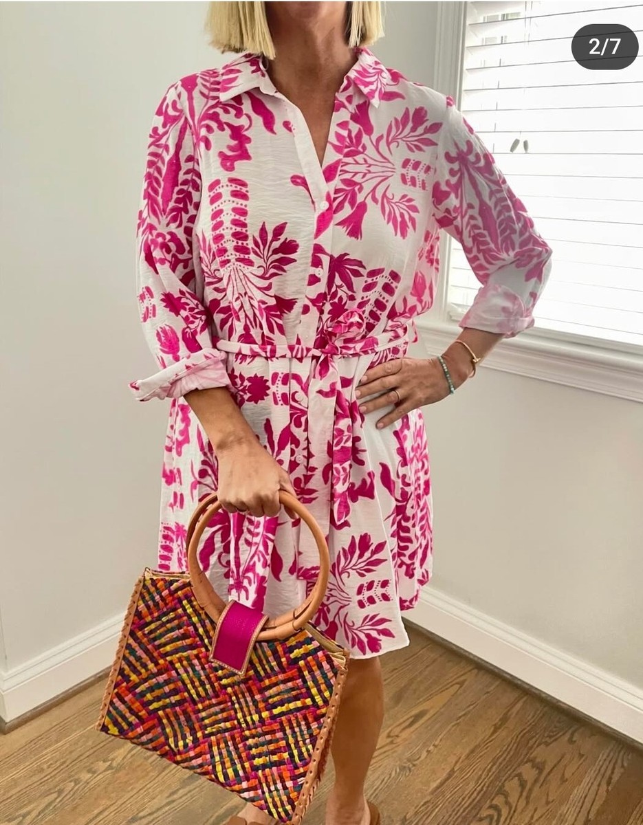 Sz S M New ZARA Pink & White Floral Printed Belted Shirt Dress 2492/060