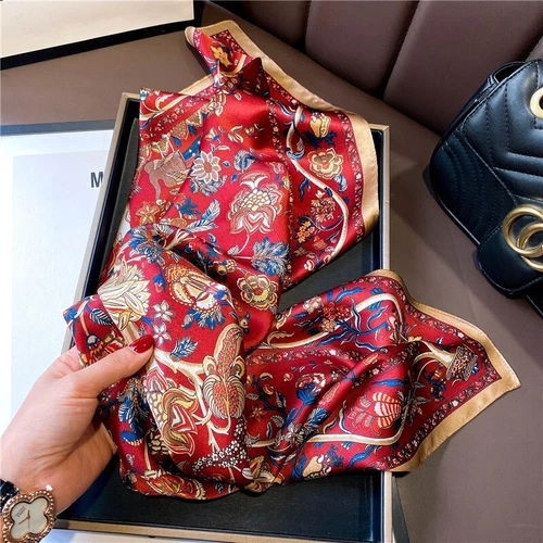 Bufanda cuadrada 100 % seda morera 27" mujer pañuelo envolvente vintage flor roja - Imagen 5 de 5