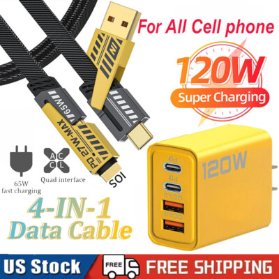 120W USB C Wall Charger QC3.0 4 Ports 2 PD + 2 USB Fast Charger & 4-in-1 Cable