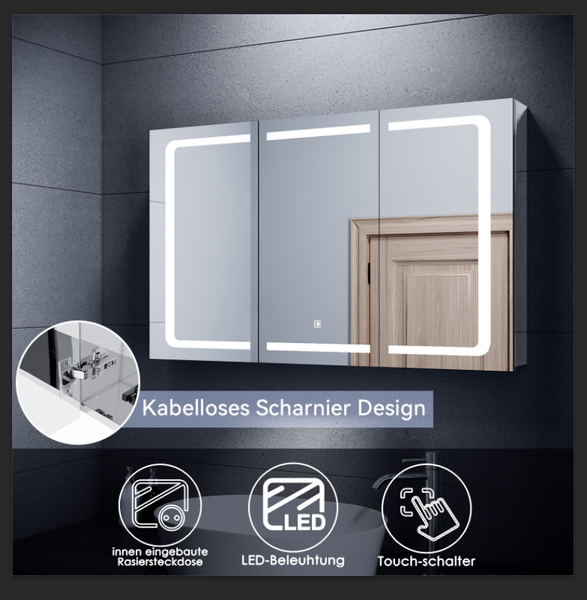 Spiegelschrank Bad Mit Led-Beleuchtung Badschrank Steckdose Badspiegel 100 Cm-image