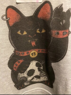 Unisex Medium Bad Luck Kitty Cat Hoodie Grey