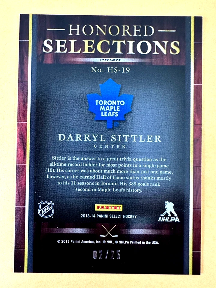 Darryl Sittler 2013-14 Panini Select Honored Selections #HS-19 #'d 2/25 - Image 2 of 2