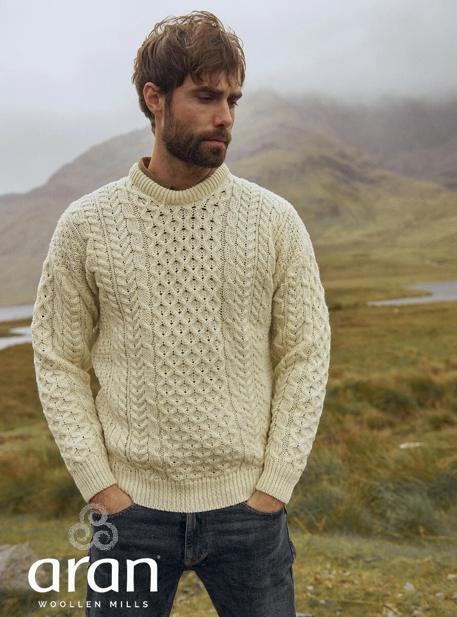 Aran Woollen Mills Men's 100% Natural Wool Traditional Sweater Irish Fisherman