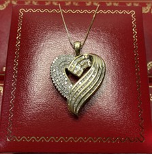 10k Yellow Gold  1 Ct Sterling Silver Diamond HEART Pendant Pave Necklace 18  