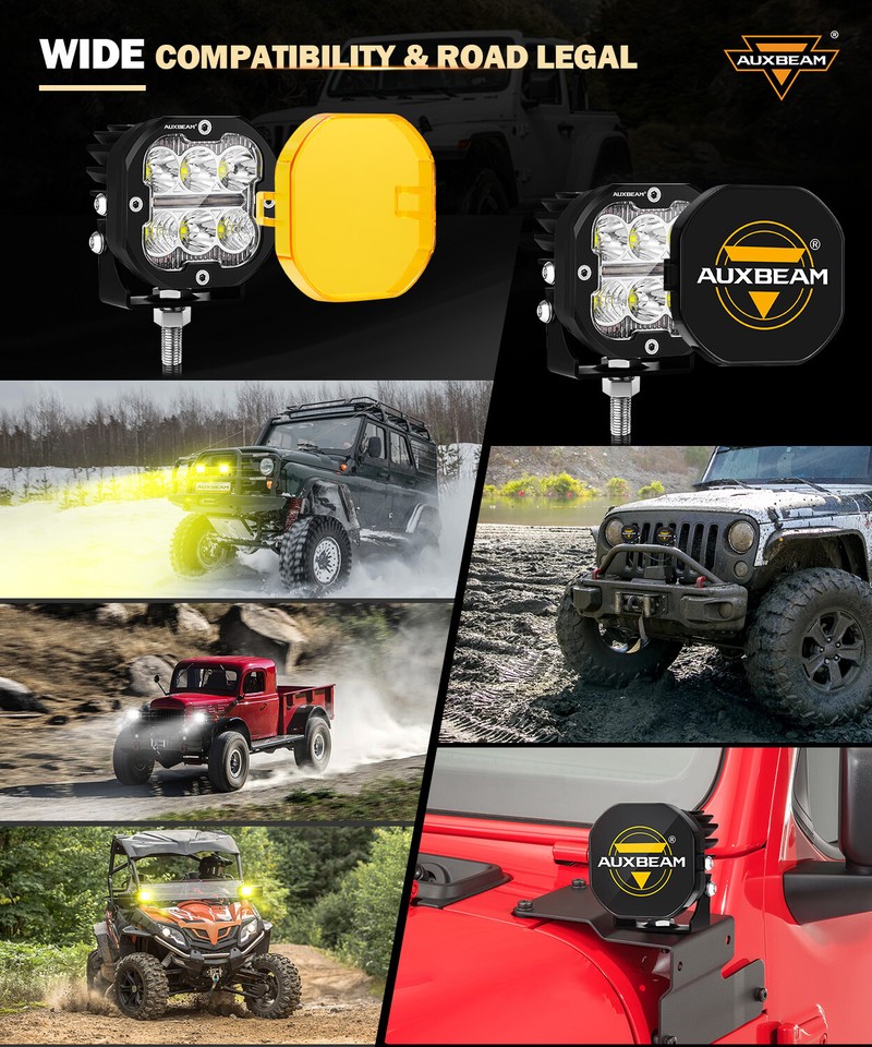 AUXBEAM 3" LED Work Light Bar Spot Pods Driving Fog Lamp DRL & Amber ...