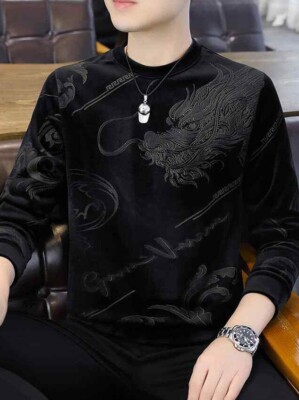 New Men Luxury Diamond Dragon Rhinestones Fashion Black Pullover High Quality