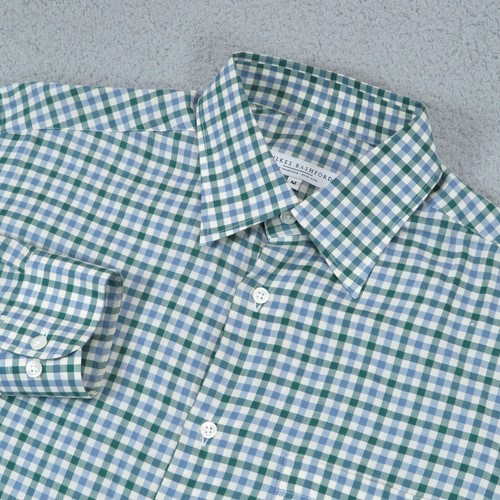 Wilkes Bashford Shirt Men Medium White Blue Green Plaid Check Lightweight Cotton