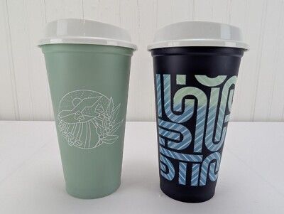 Starbucks Reusable Hot Cups with Lids Light Green Farm Scene Dark Blue Design