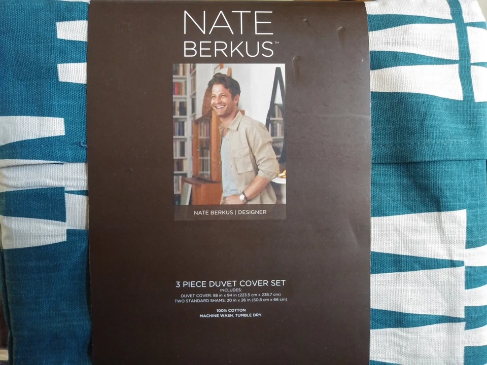 Brand New NATE BERKUS 3pc F/Q Duvet set Ogee Teal Ivory 100% COTTON - Image 4 of 4