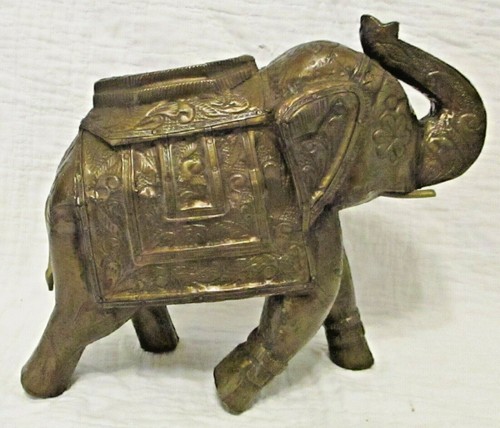 Wooden 9.75" Tall Embossed Copper Elephant Sculpture Figurine Handmade Decor - Picture 3 of 12