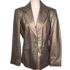 B By Bernardo Leather Blazer Women M Bronze Metallic 3 Button Jacket Retro