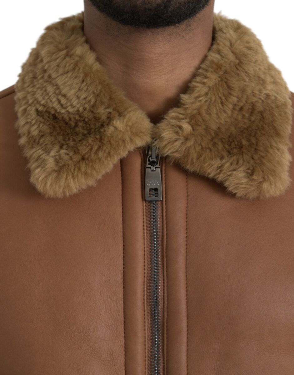 DOLCE & GABBANA Jacket Brown Leather Fur Button Biker Coat DOLCE & GABBANA Jacket Brown Leather Fur Button Biker Coat