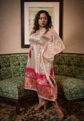 Isla Rose Silk Resort-wear cream and pink with graceful elephant border
