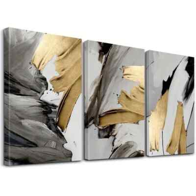 3pcs Abstract Golden and Gray Textured Artistic Wall Art Canvas Unframed/Framed