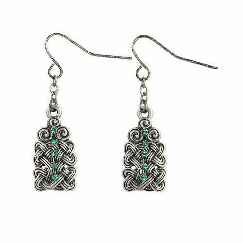 Celtic Knotwork with Green Crystal Pewter Earrings Jewelry- Mystica Collection