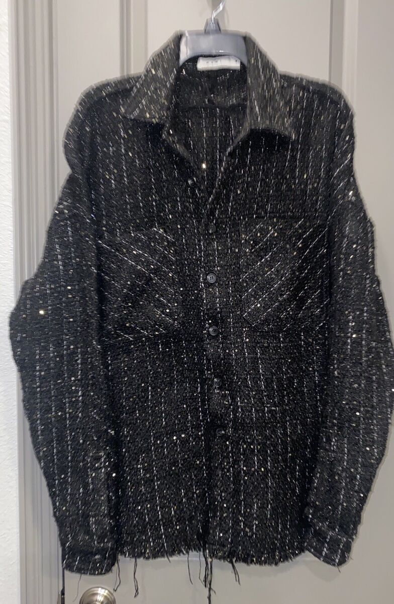 mnml Black Frayed Edge Oversized Woven Tweed Shirt Jacket W mnml Black Frayed Edge Oversized Woven Tweed Shirt Jacket W