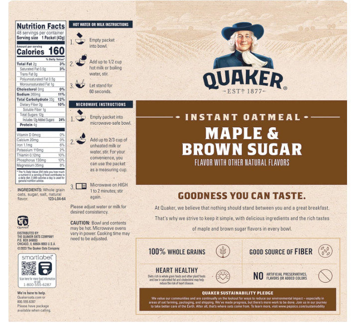 Quaker Instant Oatmeal, Maple & Brown Sugar, Individual Packets, 1.51