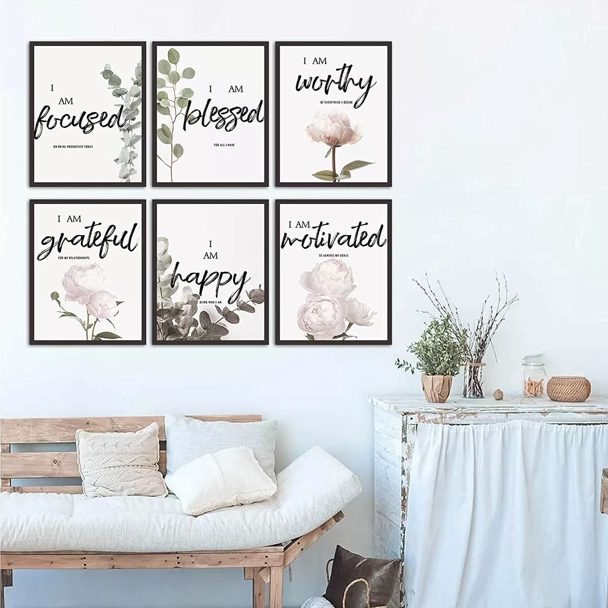 Inspirational Quotes Pink Peony Flower Floral Wall Art Prints Set of 6