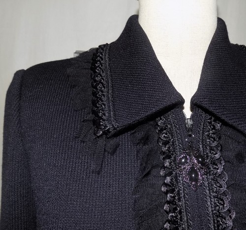 St John Collection Black Santana Knit w/Braided Trim & Fringe Zip Front Jacket 2 - Picture 4 of 7
