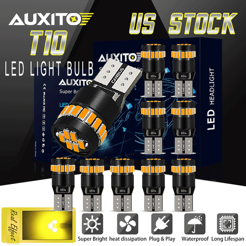 10x T10 158 168 LED Front Side Marker/License Plate Tag Light Bulb Amber Yellow