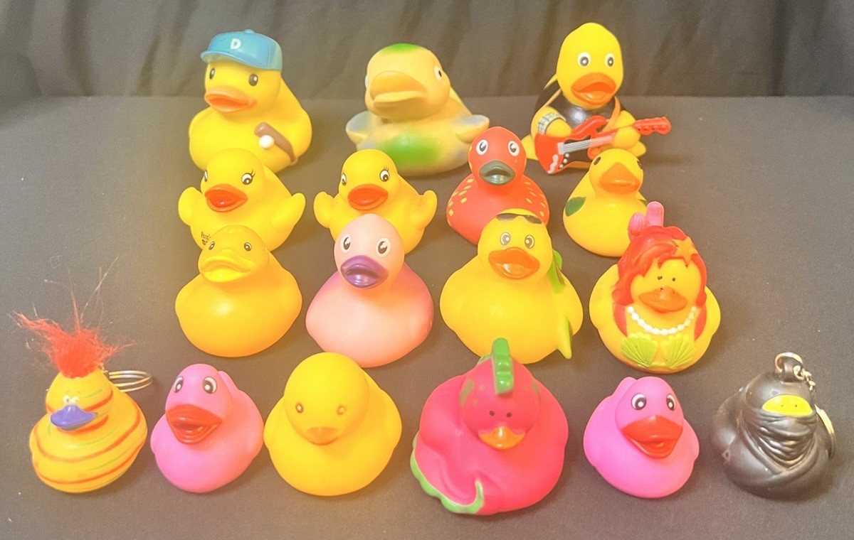 17 Rubber Duck Toys - Assorted Sizes with Jeep Ducks & Keychains