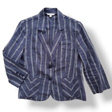 Cabi Women 8 Navy Blue White Stripe 100 Linen Anchor Button Blazer 871 Nautical