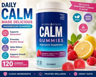 Natural Vitality CALM Gummies 120ct Magnesium Citrate Raspberry Lemon Exp 02/27