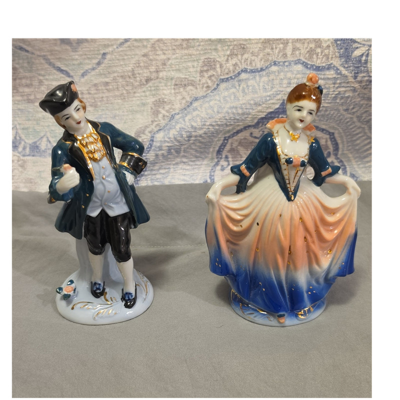 Occupied Japan Hand Painted Porcelain Couple Figurines Blue White Peach Gold