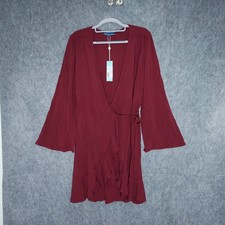 Shore Wrap Dress S Burgundy Boho Bell Sleeve Ruffle Hem Mini Rayon USA Made $156