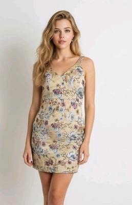Strappy Jacquard Floral Shift Mini Dress Misguided Cream Pastel Embroidered Sz 8