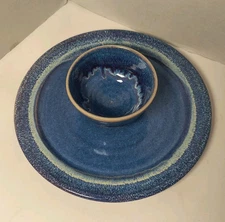 Studio Pottery 2 Piece Chip & Dip Platter Bowl Set Blue Reactive Drip Glaze Sign