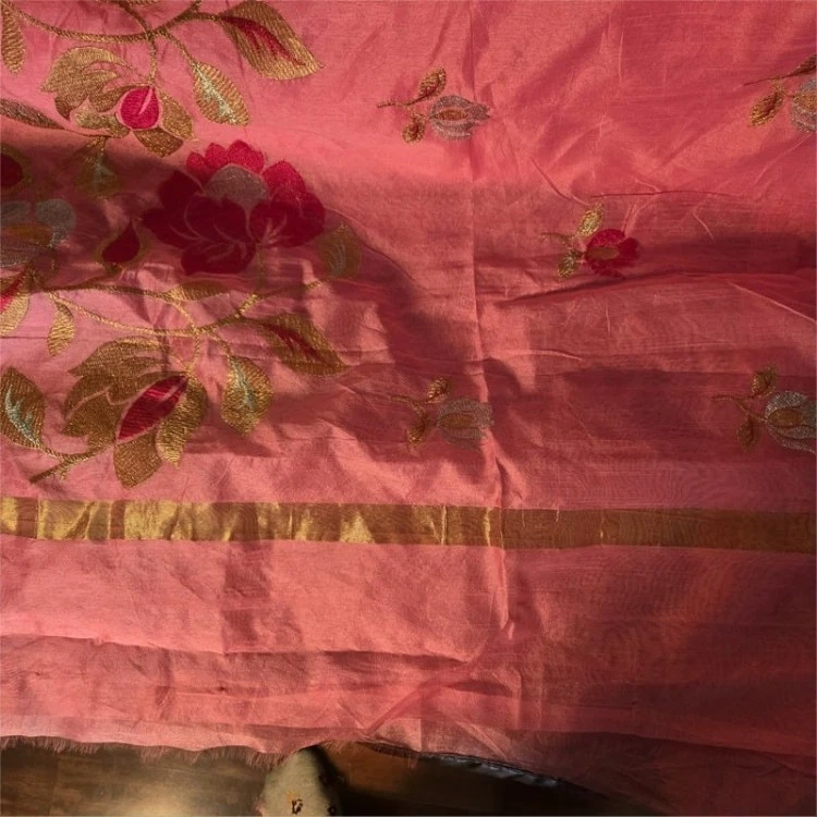 Vintage Fuchia Magenta Saree Paisley Brocade Border Woven Sari Craft Fabric - Image 2 of 4