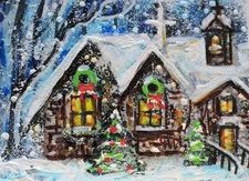 ACEO Original PAINTING Snow Church XMAS Holiday Building Winter Landscape ART