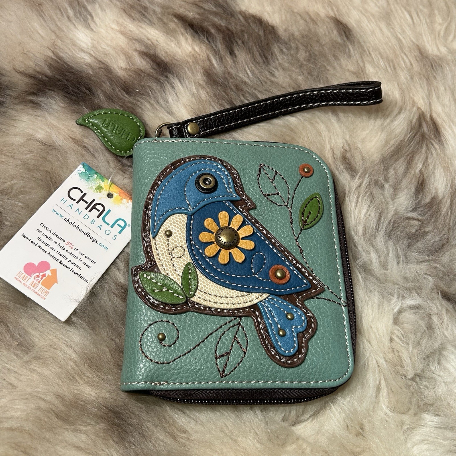 NWT Chala Zip Around Wallet / Wristlet - Bluebird On A Pretty Teal Background