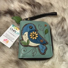 NWT Chala Zip Around Wallet / Wristlet - Bluebird On A Pretty Teal Background