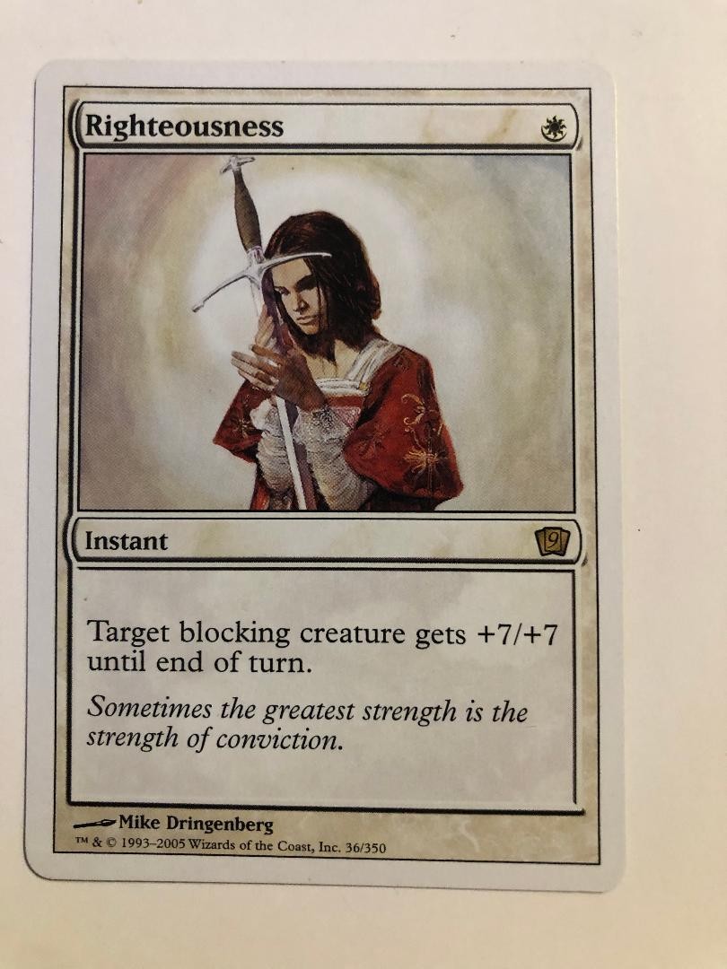 RIGHTEOUSNESS - 9th Edition Rare #36,  Target blocking creature gets +7/+7 !!