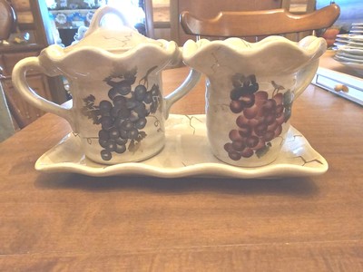 Vintage Tabletops Unlimited Cabernet Creamer, Sugar And Tray Set. Hand Painted.