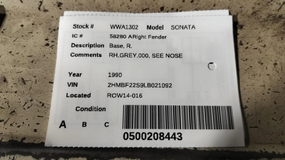 Used Front Right Fender fits: 1990 Hyundai Sonata Base R. Front Right Grade A - Imagem 2 de 3