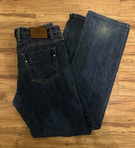 Gucci Men’s Blue Denim Jeans Straight Fit 5-Pocket Button Logo Italy
