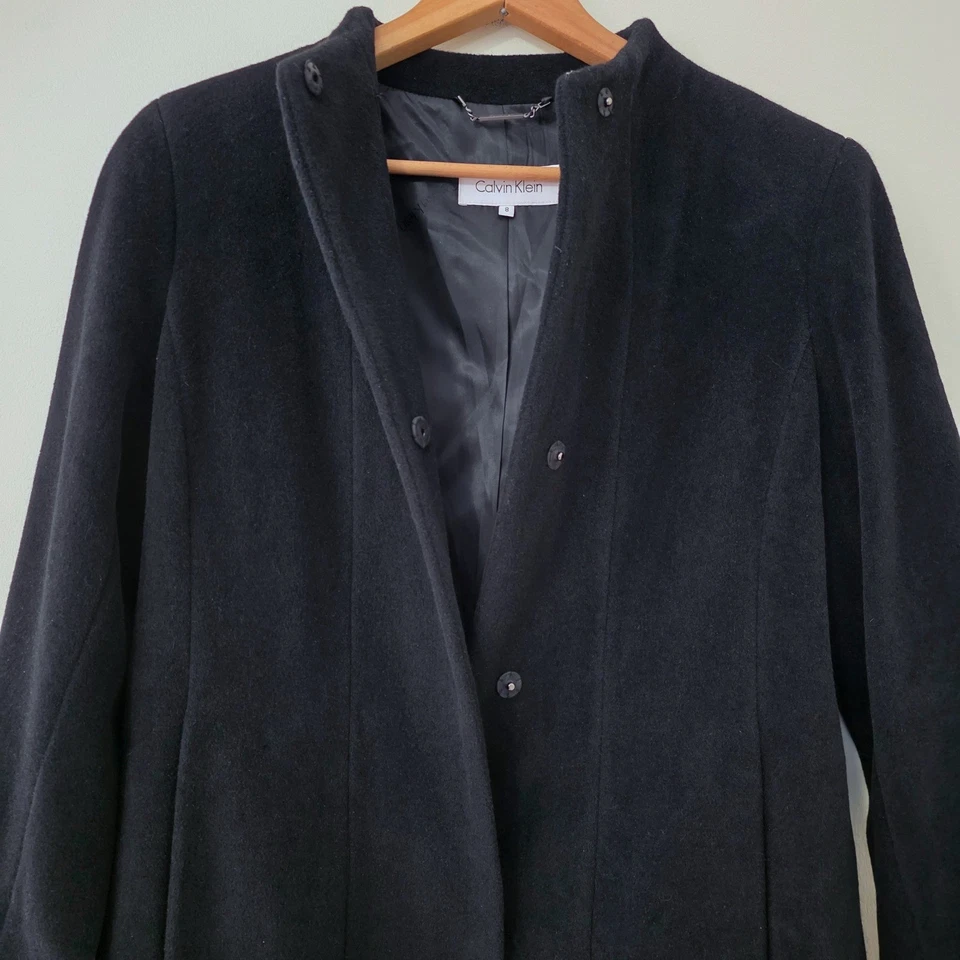Calvin Klein Angora Wool Coat Sz 8 Black Collarless Minimalist Quiet Luxury - Image 4 of 4