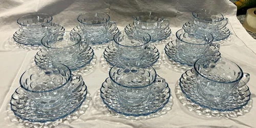 Vintage 10 Anchor Hocking Blue Bubble Depression Glass Cup & Saucers