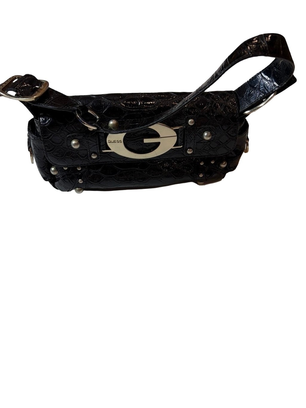 Guess Black Patent Croc Embossed Studded Y2K Shoulder Bag Logo Buckle read