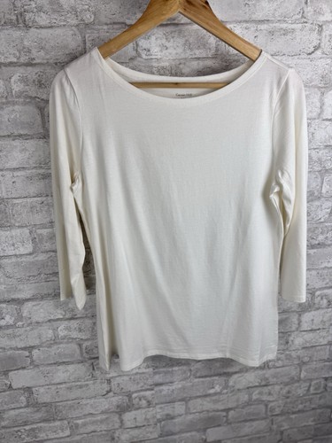 Garnet Hill Tee Organic Pima Cotton Tencel Blend 3/4 Sleeve Off White Cream M - Picture 2 of 12